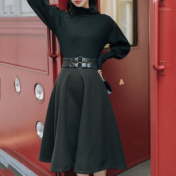 

classical two piece sets fashion temperament black lantern sleeve turtleneck sweater woolen cloth high waist skirt suit1, Gray