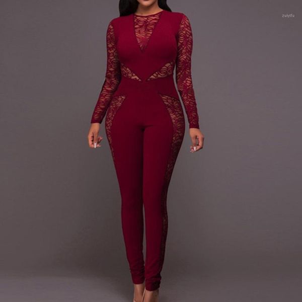 

women high waist hallow out lace insert skinny jumpsuits zipper back casual one piece overalls1, Black;white