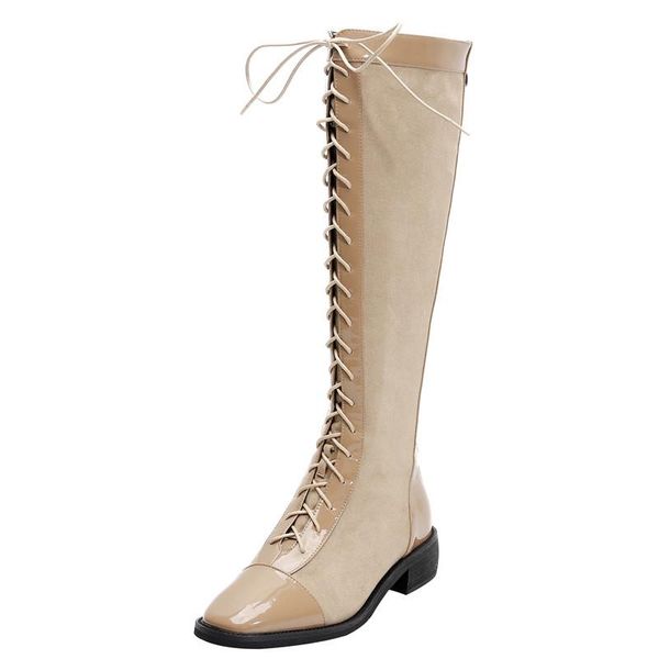 

boots 2021 autumn winter square toe knee high women platform lace up handmade patent leather back zip long botas de mujer, Black