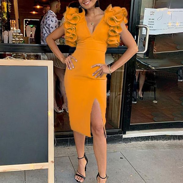 

women party dress v neck ruffle slim slit bodycon vestido celebrate event occasion dinner night out elastic large size new1, Black;gray