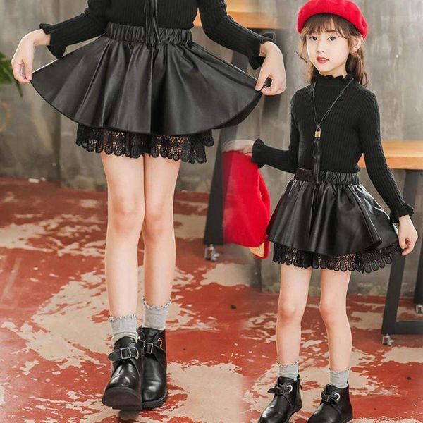 

winter autumn and foreign sle new versatile spring children's girl pu small leather pleated net red skirt, Blue