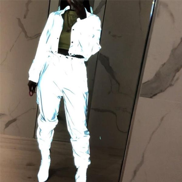 

hip pop streetwear 2pcs women fashion reflective outfits crop pants sets clothes jumpsuit playsuit 2 styles night club wear, Gray