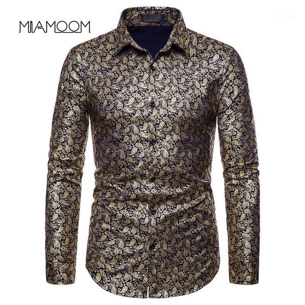 

miamoom men's long sleeve shirt with lapel cashew floral gold print men shirts streetwear1, White;black