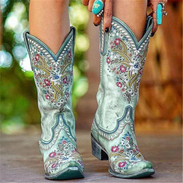 

boots siddons fashion vintage embroider mid-calf for women autumn winter shoes pointed toe slip on chunky heel ladies short boot, Black
