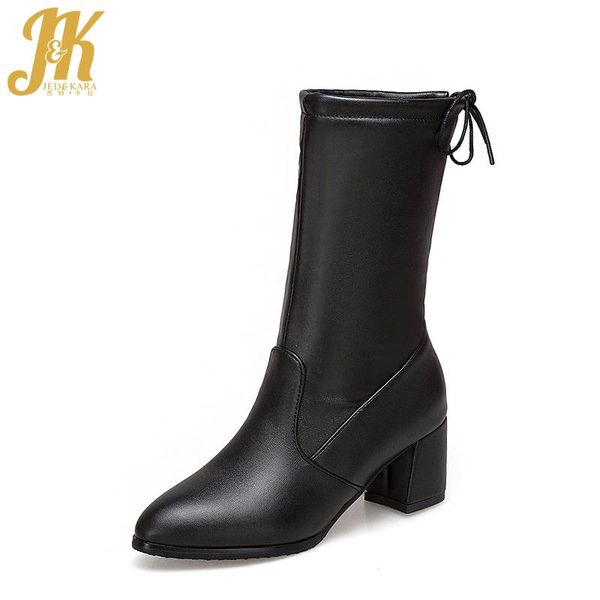 

jk high heels women boots stretch pu female shoes autumn pointed toe warm bootie 2020 new winter square toe fashion footwear, Black