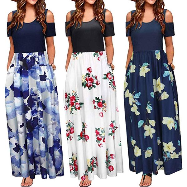 

pocket dress women summer cold shoulder floral print elegant maxi long dress plus size ladies casual sundress big size, Black;gray
