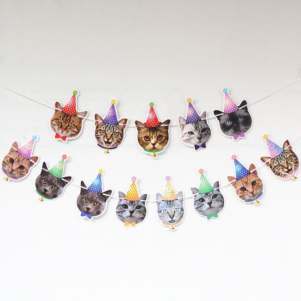 

pet birthday theme party decoration cat hanging flag animal cat face banner birthday latte art cake inserting card cake flag