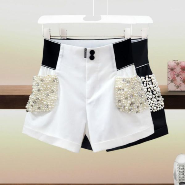 

fashion pearls beading women shorts stretchy waist women bead work shorts lady high waist pearl short pants1, White;black