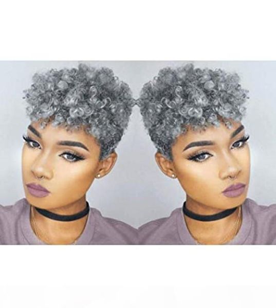 

women grey hair ponytail extension silver gray afro curly updo puff kinky curly drawstring human hair ponytails clip in real hair 120g, Black