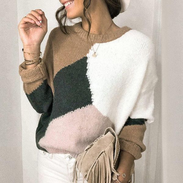 

women's sweaters autumn contrast print patchwork women sweater knitted long sleeve o-neck female pullover simple casual all-match ladie, White;black