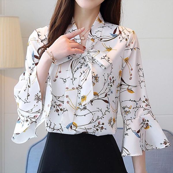 

chiffon shirt female summer 2021 spring new v collar bow printing chiffon women flare sleeve blouses shirt 807a6, White