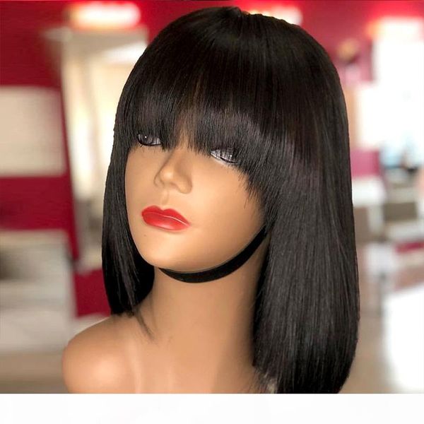 

9a pre plucked human hair wigs with bangs silky straight full lace bob wig for black women peruvian virgin short lace front wig, Black;brown