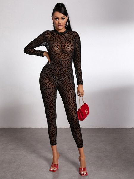 

sxy leopard print mesh unitard jumpsuit without lingerie 45pp#, White