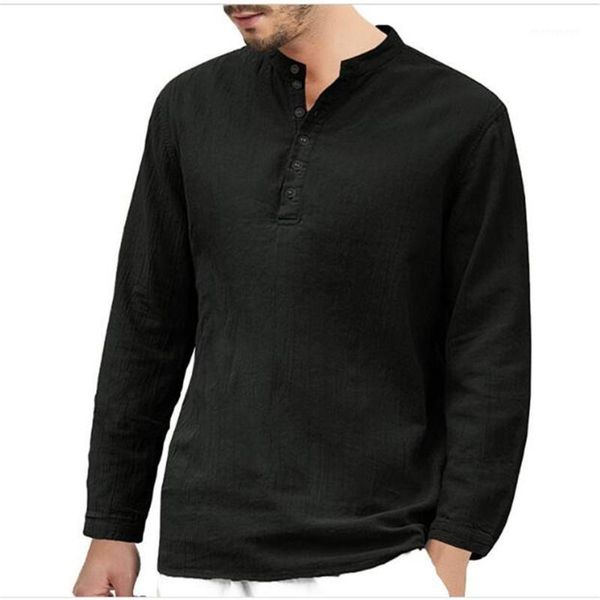 

men's t-shirts 2021 autumn fashion tee men's cotton and linen stand collar pure color long sleeve t-shirt casual loose breathable, White;black