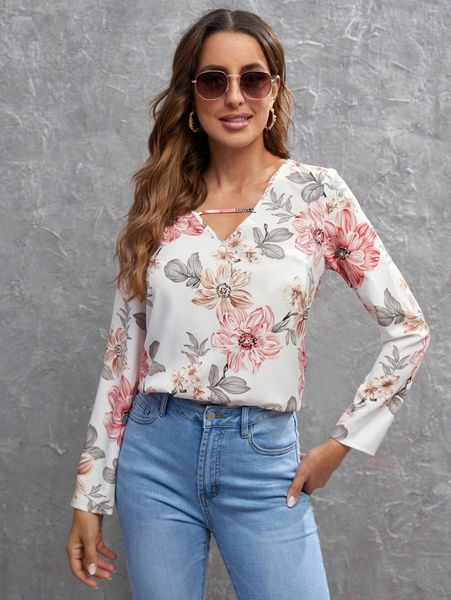 

floral print cut out front blouse i9qd#, White