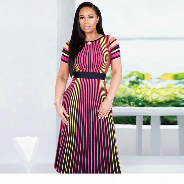 

summer women striped print midi dress casual multi short sleeve elastic high waist slim a line dress purple rose red, Black;gray