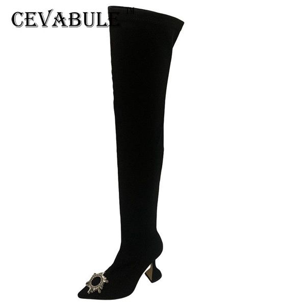 

boots cevablue 2021 winter women's sunflower rhinestone stretch pointed wine glass heel large size 35-42 cwf, Black