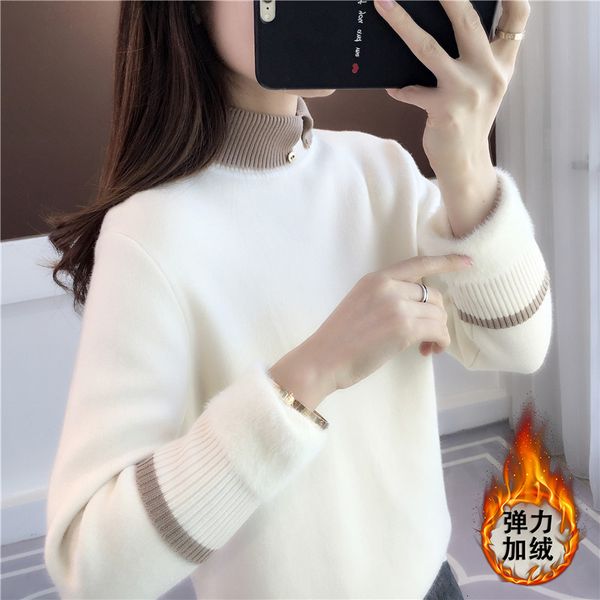 

new 2021 semi-turtleneck female woman's nightgown plus velvet quilted interior lower shirt autumn and warm winter fohr, White;black