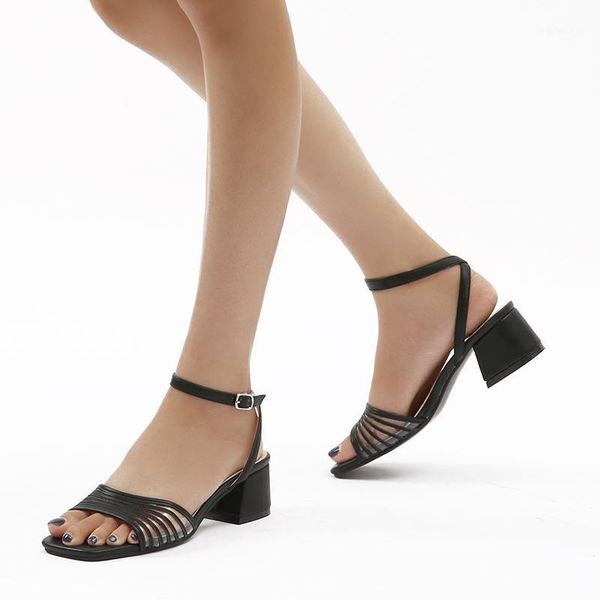 

dress shoes 2021 high sandals female pump narrow band buckle strap soft synthetic leather thick heel 5 cm solid party women pumps shoes1, Black