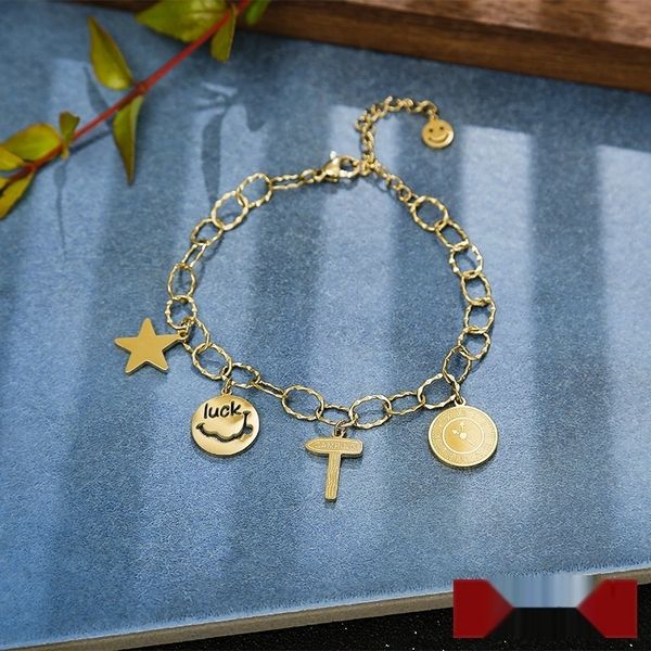

hrtto new products face the marketsmiling on titanium steel bracelet five pointed star pendant pendant jewelry 18k gold cool wind handmade b, Golden;silver