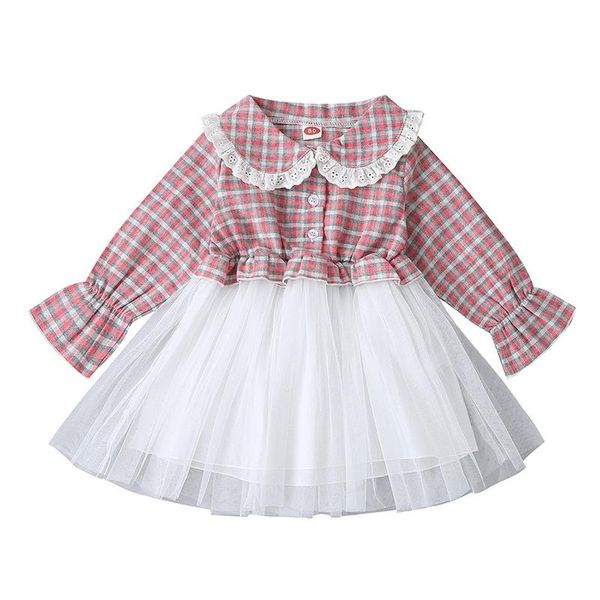 

girls dress baby plaid lace mesh princess dress sweet 2021 ins, Red;yellow