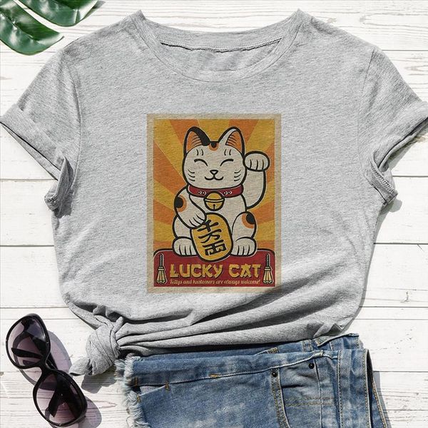 

new women t shirt lucky cat letter print multicolor t shirt a that brings luck yellow and white cat graphic