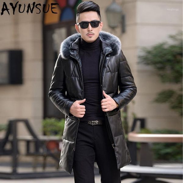 

ayunsue winter leather jacket men duck down long coat male fur collar second layer of sheepskin coat outwear hn1719 lx23571, Black