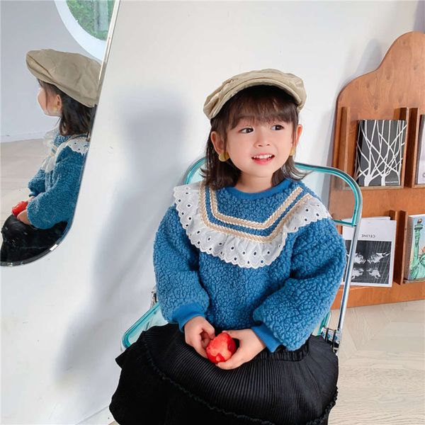 

sweater 2020 winter new girl's lace middle and small children's lovely plush thick pullover, Black
