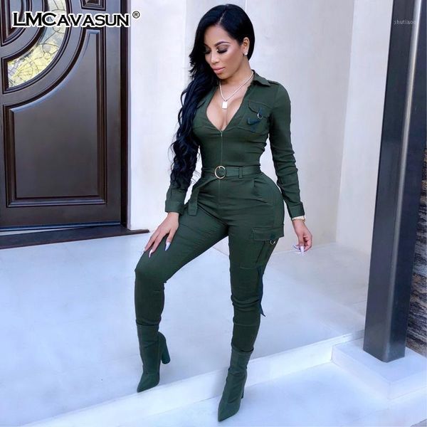 

lmcavasun blue jumpsuit women deep v neck zipper shirt overalls for womens solid jumpsuit office lady one piece romper belt1, Black;white