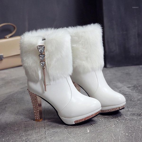 

2020 new fur boots beige winter warm leather ankle boots women snow shoes round-toe slip on female flock snow boot ladies shoes1, Black