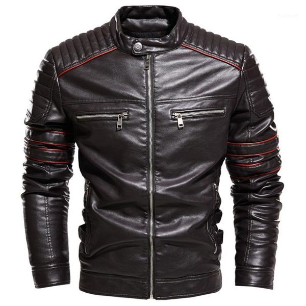 

men jacket coffee leather jacket men motorcycle fashion streetwear biker coat slim fit autumn winter coat fur lined1, Black