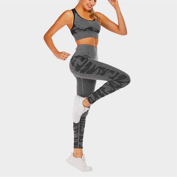 

женские наряды йоги 2 шт. набор набор высокой талии леггинсы и спортивный бюстгальтер бесшовные камуфляж активная одежда фитнес тренировки т