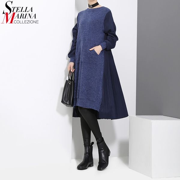 Зимняя женщина с длинным рукавом синий черный пэчворк свитер платье карманные шерстяные дамы свободно повседневные повседневные платья стиль Vestido 3030 201028