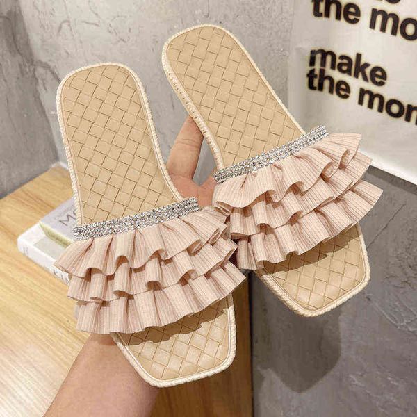 

slippers women slippers rhinestone pleated upper design square head open toe flat shoes casual beach sandals elegant women shoes 220307, Black