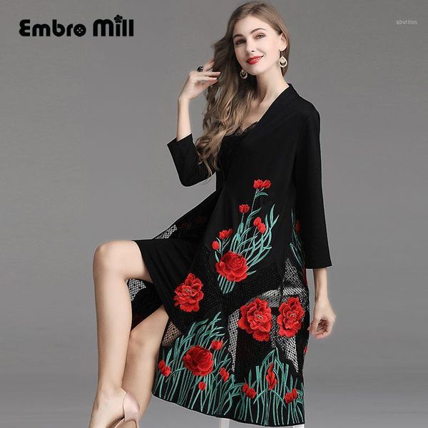 

women's trench coats spring fame style heavy embroidery over the knee coat fashion thin and light elegant windbreaker female plus size, Tan;black