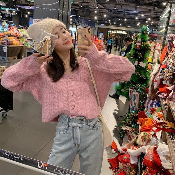 

4s2ef 2020 новых женщины ленивого z5ioo v-образный вырез свитера рыхлого розового полупальто корейского стиль внешнего вязаный кардиган коро, White;black