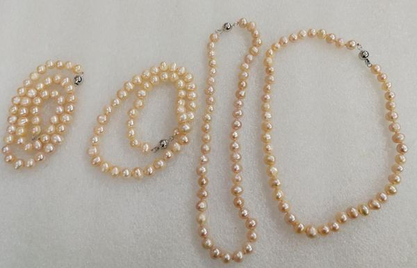 

5pcs / lot 8mm pink pearl necklace round clasp 35cm 43cm 14'' 17'' natural freshwater pearl women jewelry, Golden;silver