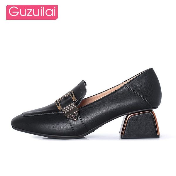 

guzuilai fashion square toe footwear thick high-heeled metal horsebit loafers women british style small leather shoes women, Black
