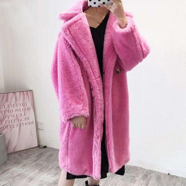 

real wool fur coat women winter 2018 teddy bear coat thick warm sheepskin jacket plus size pink x-long natural fur overcoat1, Black