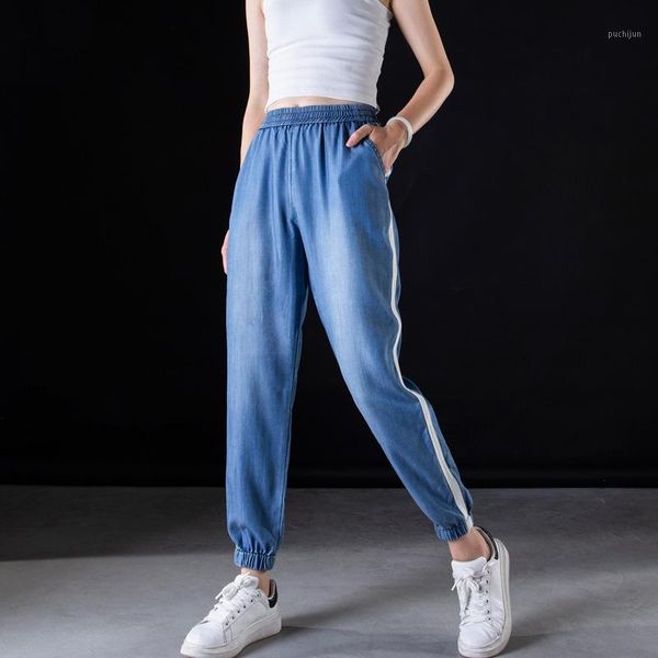 

women summer casual thin loose elastic waist pants bleached female denim pants ladies casual thin summer lyocell trousers 20181, Blue