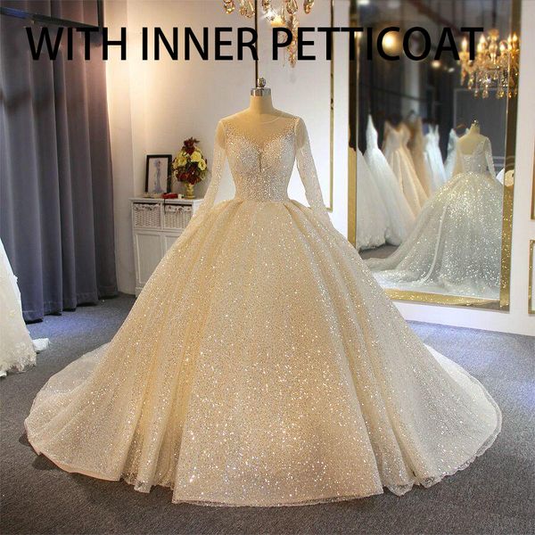 

with inner petticoat sparkling ball gown wedding dresses sheer jewel neck appliqued sequins long sleeves lace bridal gowns abiti da sposa, White
