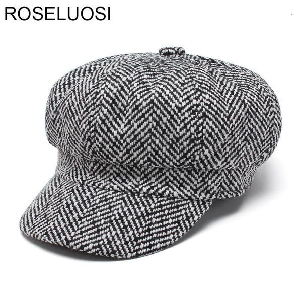 

roseluosi women casual newsboy caps 2020 autumn winter black white felt hats vintage thick octagonal cap boina mujer, Blue;gray
