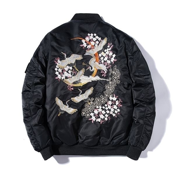 

embroidery bomber jacket men thin bird floral pilot jacket male japan harajuku baseball jacket spring autumn streetwear 201123, Black;brown
