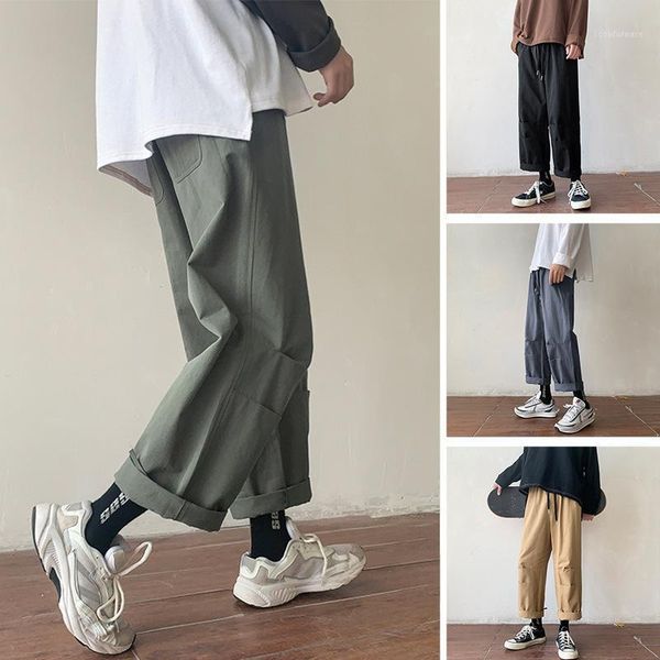 

mens 2020 new fall winter men casual pants loose solid color personalized straight-leg pants trend wide leg male1, Black