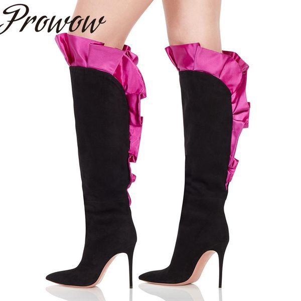 

new new runway fashion black knee high boots pointed toe pleated thin high heel boots shoes ladies