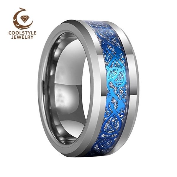 

8 мм мужская свадьба женское вольфрамовое кольцо вольфрамового карбида кольцо с голубым драконом и имитированным метеоритовым вкладом 201218, Silver