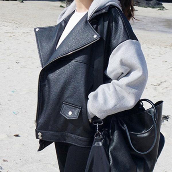 

pu leather jacket women students autumn winter long sleeve washable leather color block pocket zipper fashion casual outwear1, Black