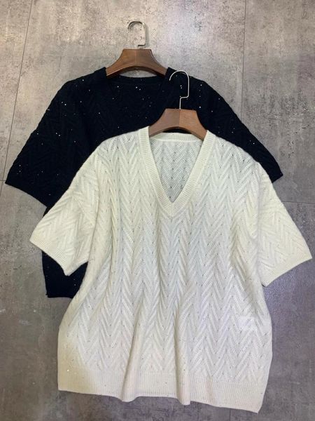 

women's sweaters 2021 ladies fashion short sleeve casual solid color sequined cashmere sweater 1009, White;black