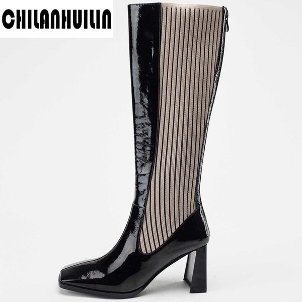

boots autumn winter for women's leather knee high woman black apricot slim warm shoes elastic botas altas mujer