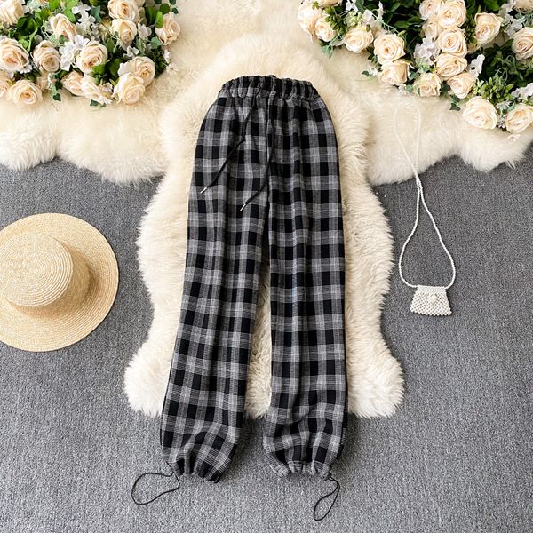 

2021 new singer retro chess women's high-waisted loose fall fashion streetwear long pants 0l5i, Black;white
